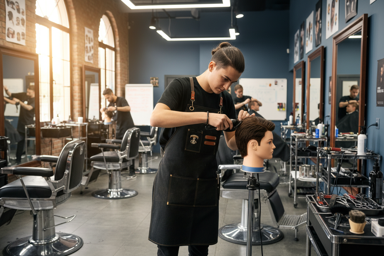 young student learning to be a barber